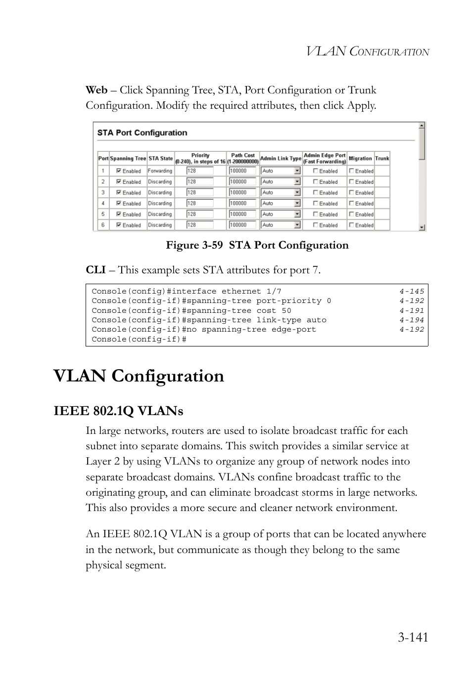 Vlan configuration, Ieee 802.1q vlans, Vlan configuration -142 | Ieee 802.1q vlans -142, Figure 3-59 sta port configuration -141, Vlan c | SMC Networks TIGERSWITCH SMC6752AL2 User Manual | Page 189 / 516