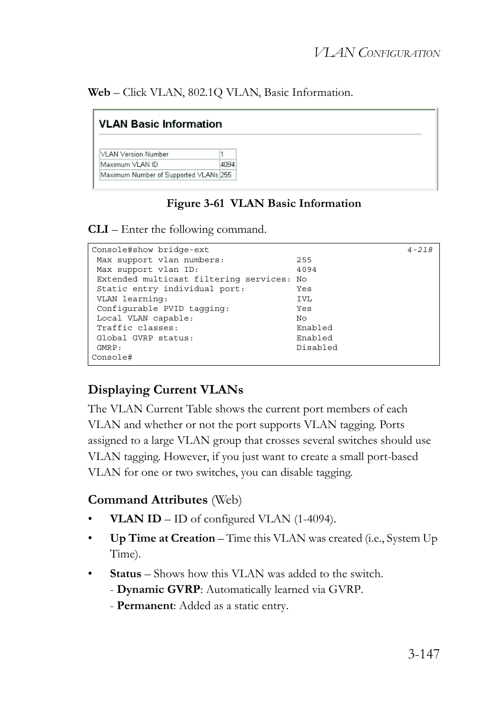 Displaying current vlans, Displaying current vlans -148, Figure 3-61 vlan basic information -147 | Vlan c | SMC Networks TIGERSWITCH SMC6752AL2 User Manual | Page 195 / 516