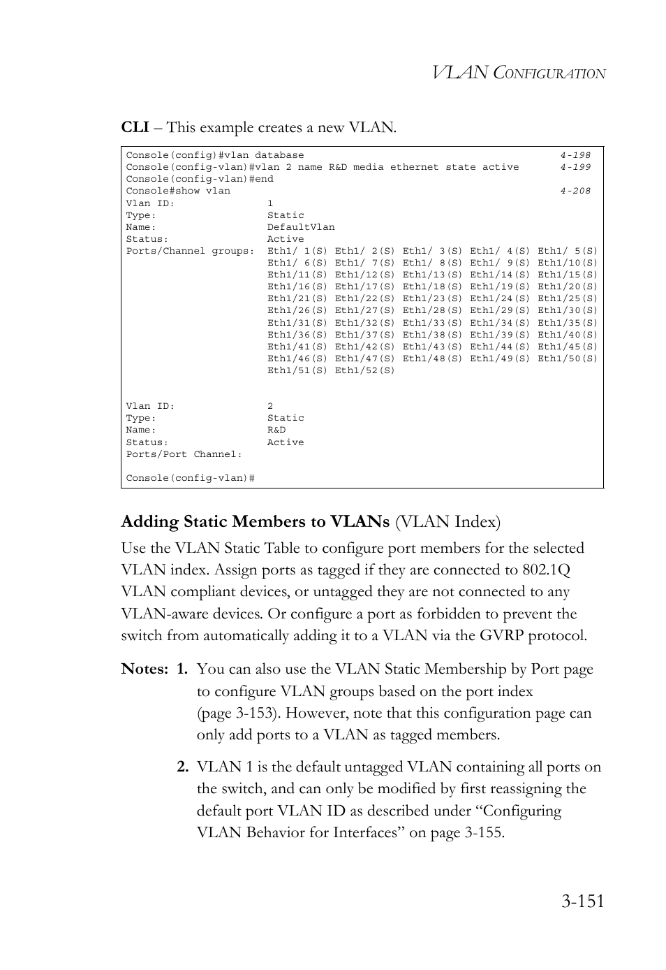 Adding static members to vlans (vlan index), Adding static members to vlans (vlan index) -152, Vlan c | Cli – this example creates a new vlan | SMC Networks TIGERSWITCH SMC6752AL2 User Manual | Page 199 / 516