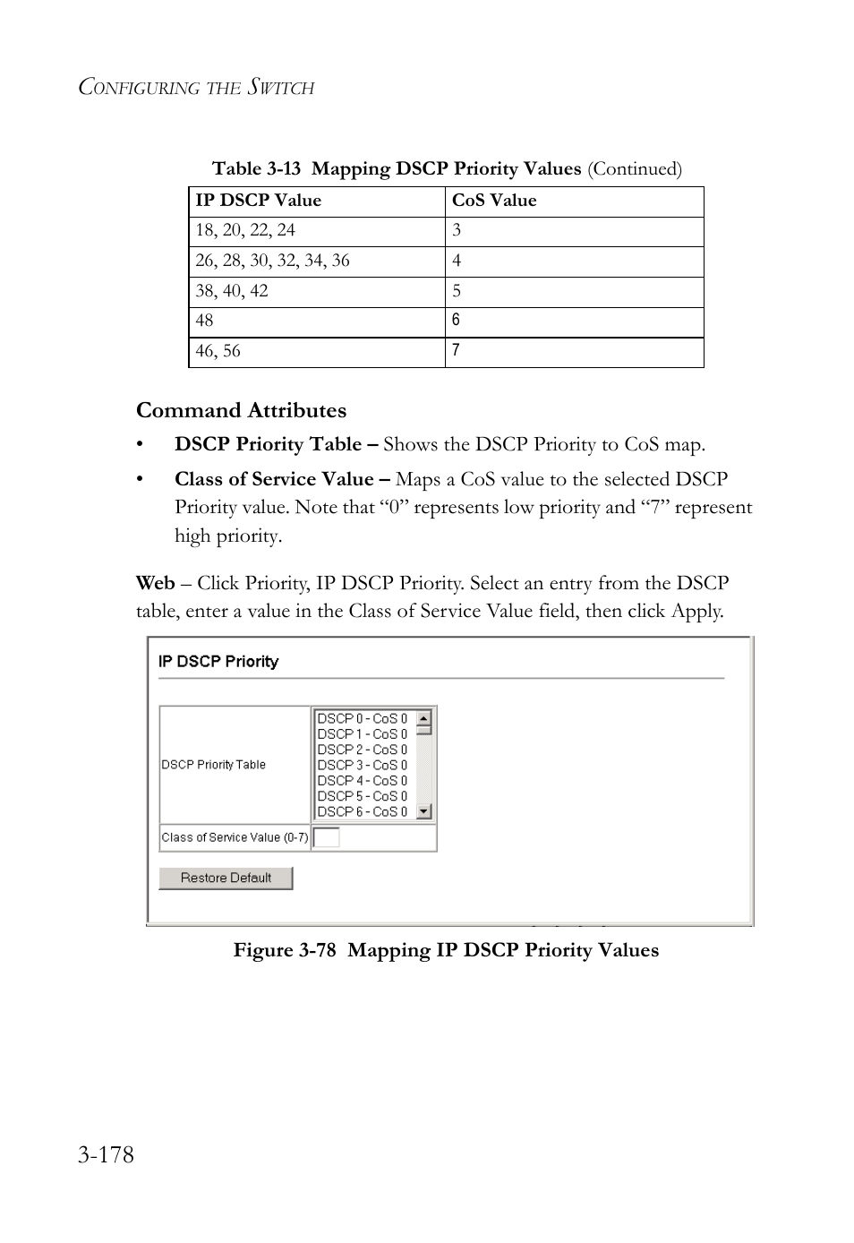 Figure 3-78 mapping ip dscp priority values -178, Command attributes | SMC Networks TIGERSWITCH SMC6752AL2 User Manual | Page 226 / 516