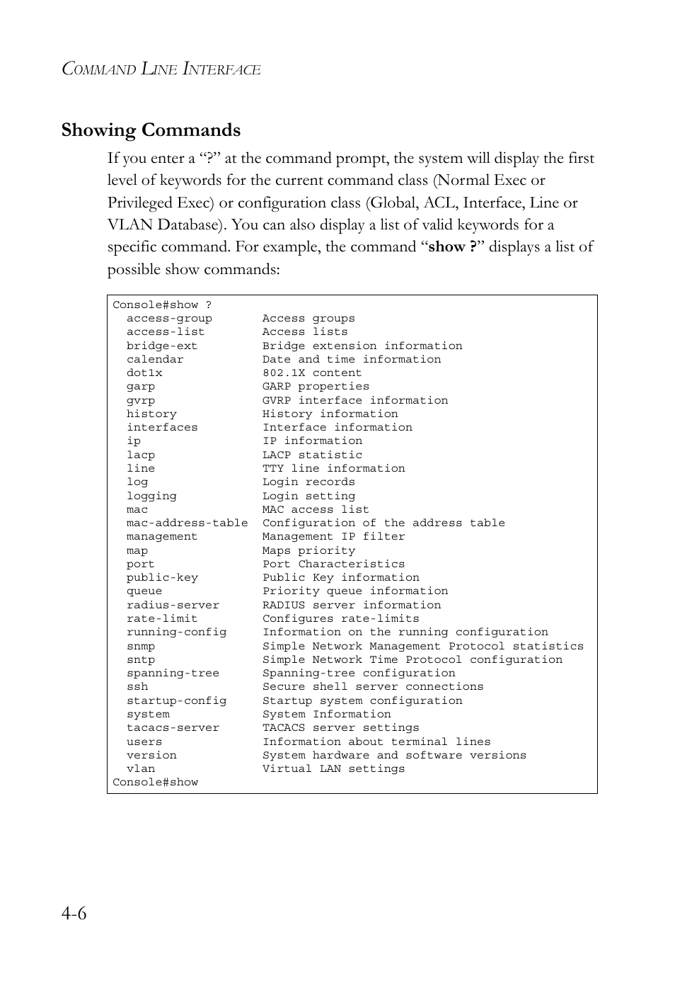 Showing commands, Showing commands -6, 6 showing commands | SMC Networks TIGERSWITCH SMC6752AL2 User Manual | Page 246 / 516