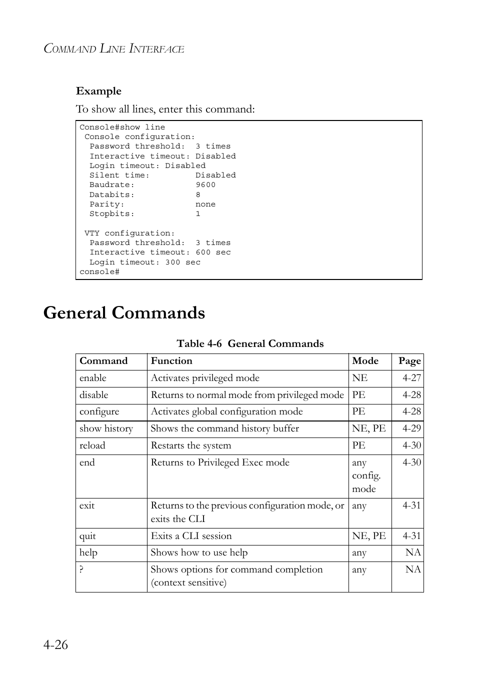 General commands, General commands -26, Table 4-6 | SMC Networks TIGERSWITCH SMC6752AL2 User Manual | Page 266 / 516