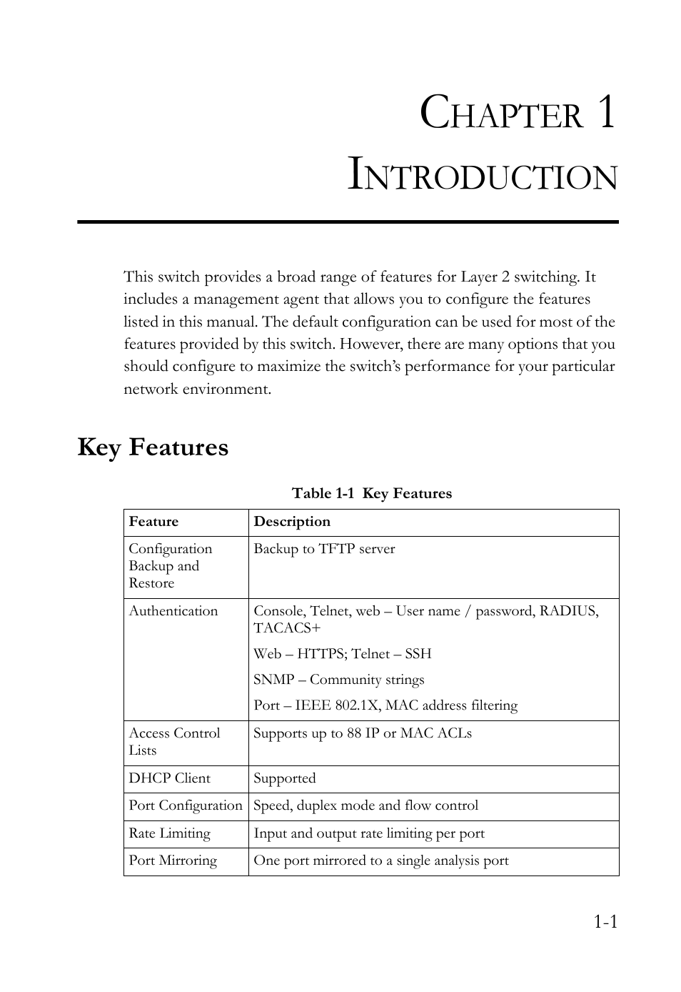 Chapter 1 introduction, Key features, Introduction -1 | Key features -1, Table 1-1, Hapter, Ntroduction | SMC Networks TIGERSWITCH SMC6752AL2 User Manual | Page 27 / 516