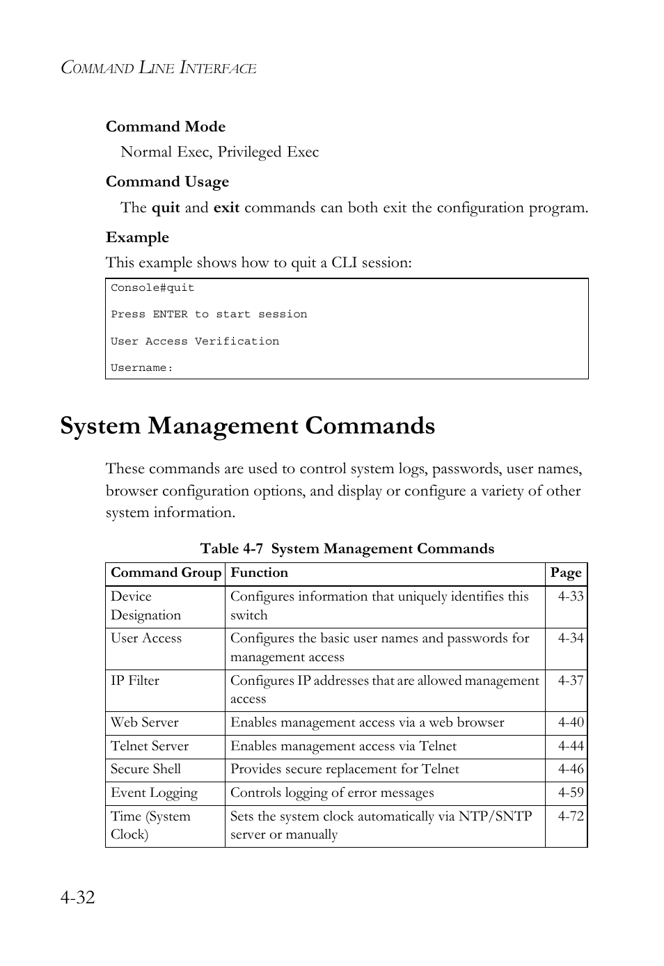 System management commands, System management commands -32, Table 4-7 | SMC Networks TIGERSWITCH SMC6752AL2 User Manual | Page 272 / 516