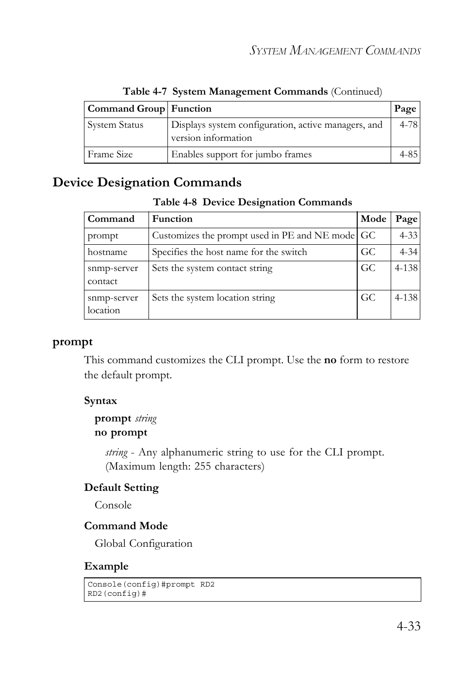 Device designation commands, Prompt, Device designation commands -33 | Prompt -33, Table 4-8, 33 device designation commands | SMC Networks TIGERSWITCH SMC6752AL2 User Manual | Page 273 / 516