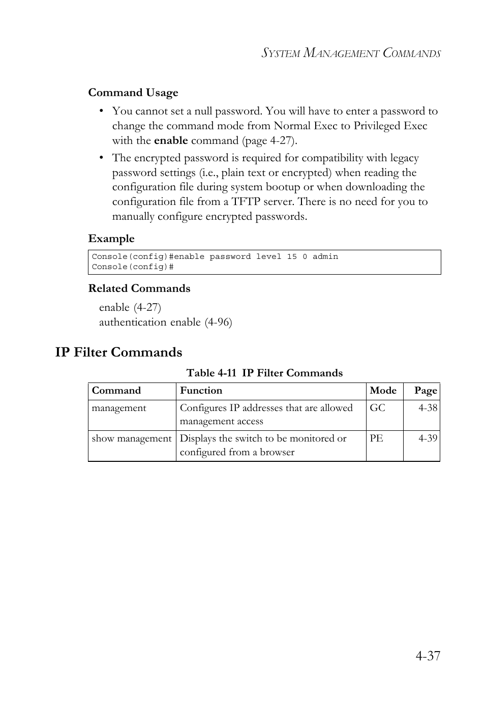 Ip filter commands, Ip filter commands -37, Table 4-11 ip filter commands -37 | SMC Networks TIGERSWITCH SMC6752AL2 User Manual | Page 277 / 516