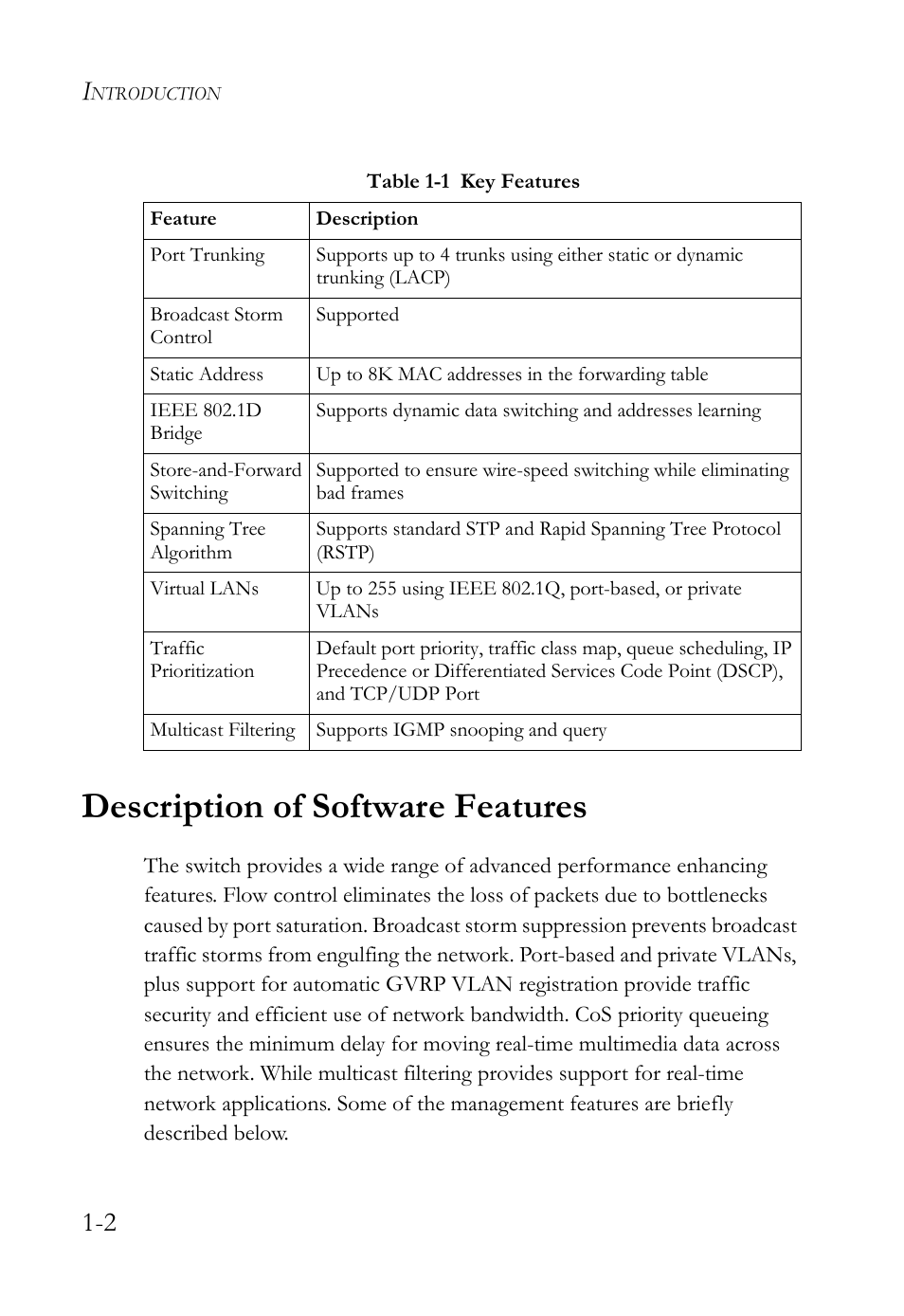 Description of software features, Description of software features -2 | SMC Networks TIGERSWITCH SMC6752AL2 User Manual | Page 28 / 516