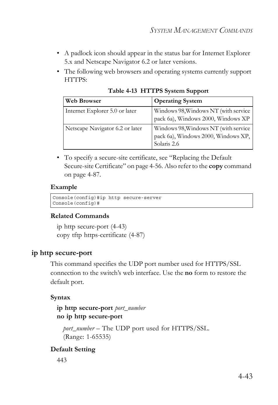 Ip http secure-port, Ip http secure-port -43, Table 4-13 https system support -43 | SMC Networks TIGERSWITCH SMC6752AL2 User Manual | Page 283 / 516