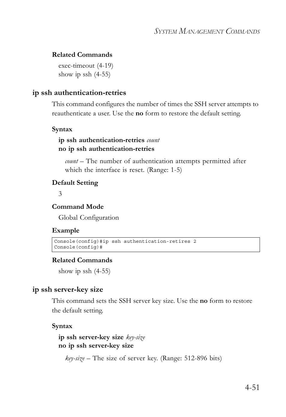 Ip ssh authentication-retries, Ip ssh server-key size | SMC Networks TIGERSWITCH SMC6752AL2 User Manual | Page 291 / 516