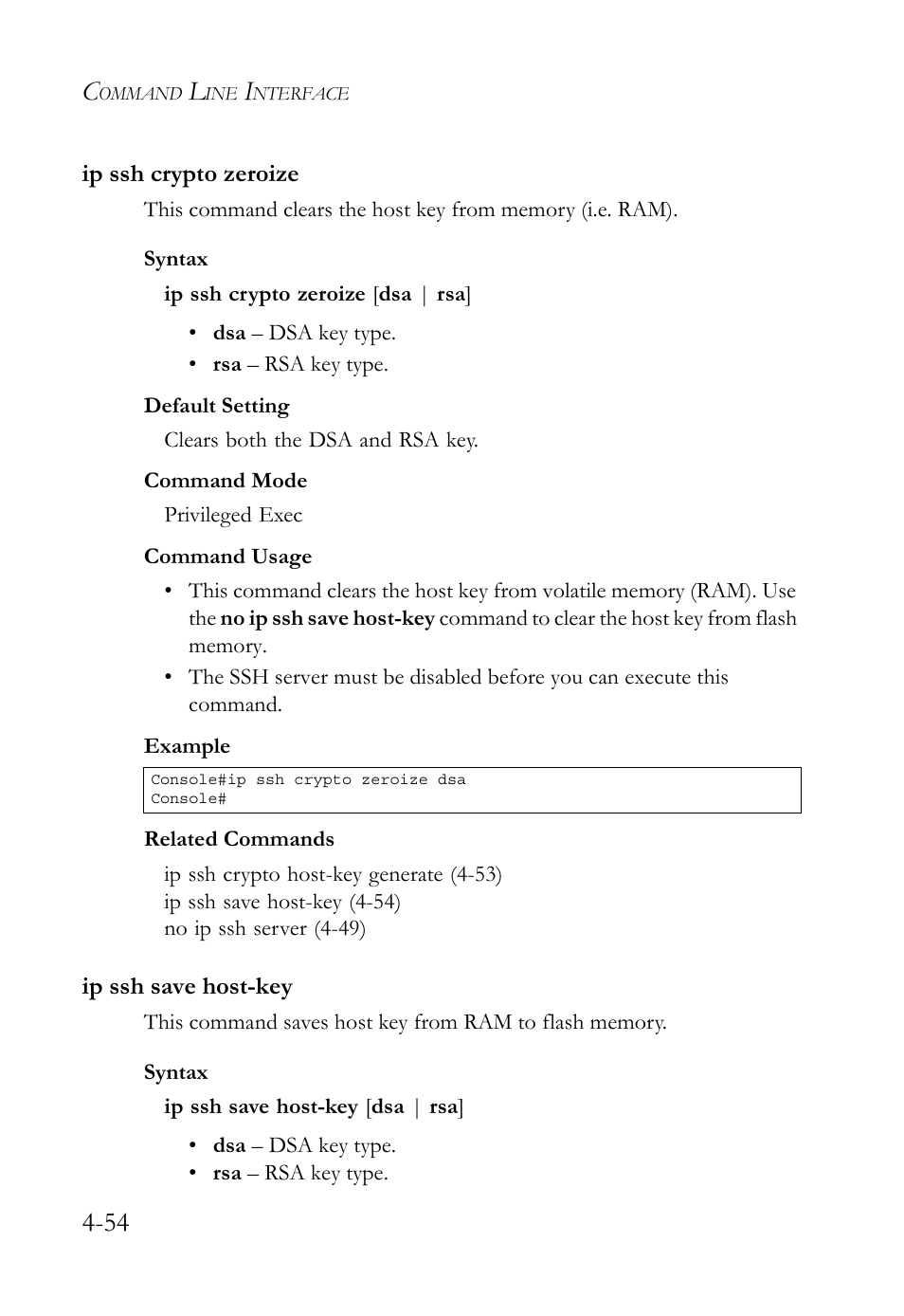 Ip ssh crypto zeroize, Ip ssh save host-key, Ip ssh crypto zeroize -54 ip ssh save host-key -54 | SMC Networks TIGERSWITCH SMC6752AL2 User Manual | Page 294 / 516