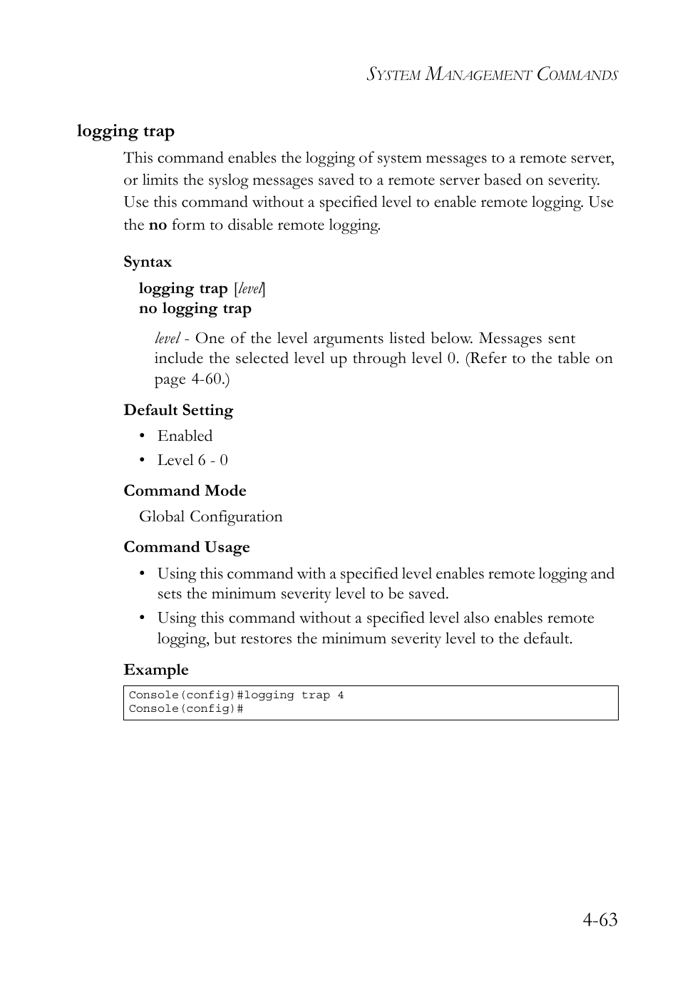 Logging trap, Logging trap -63 | SMC Networks TIGERSWITCH SMC6752AL2 User Manual | Page 303 / 516