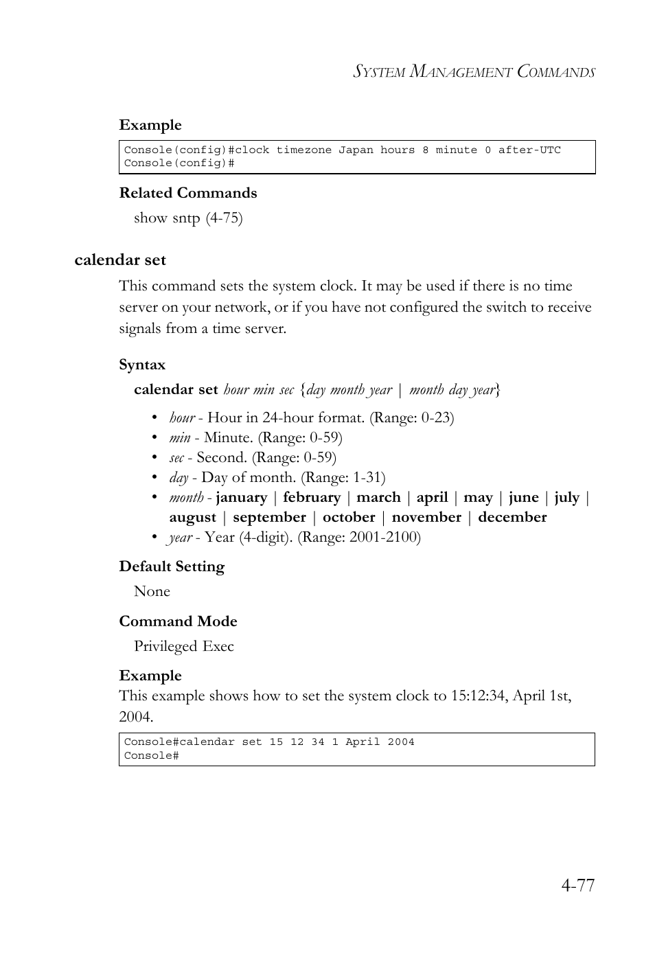 Calendar set, Calendar set -77 | SMC Networks TIGERSWITCH SMC6752AL2 User Manual | Page 317 / 516