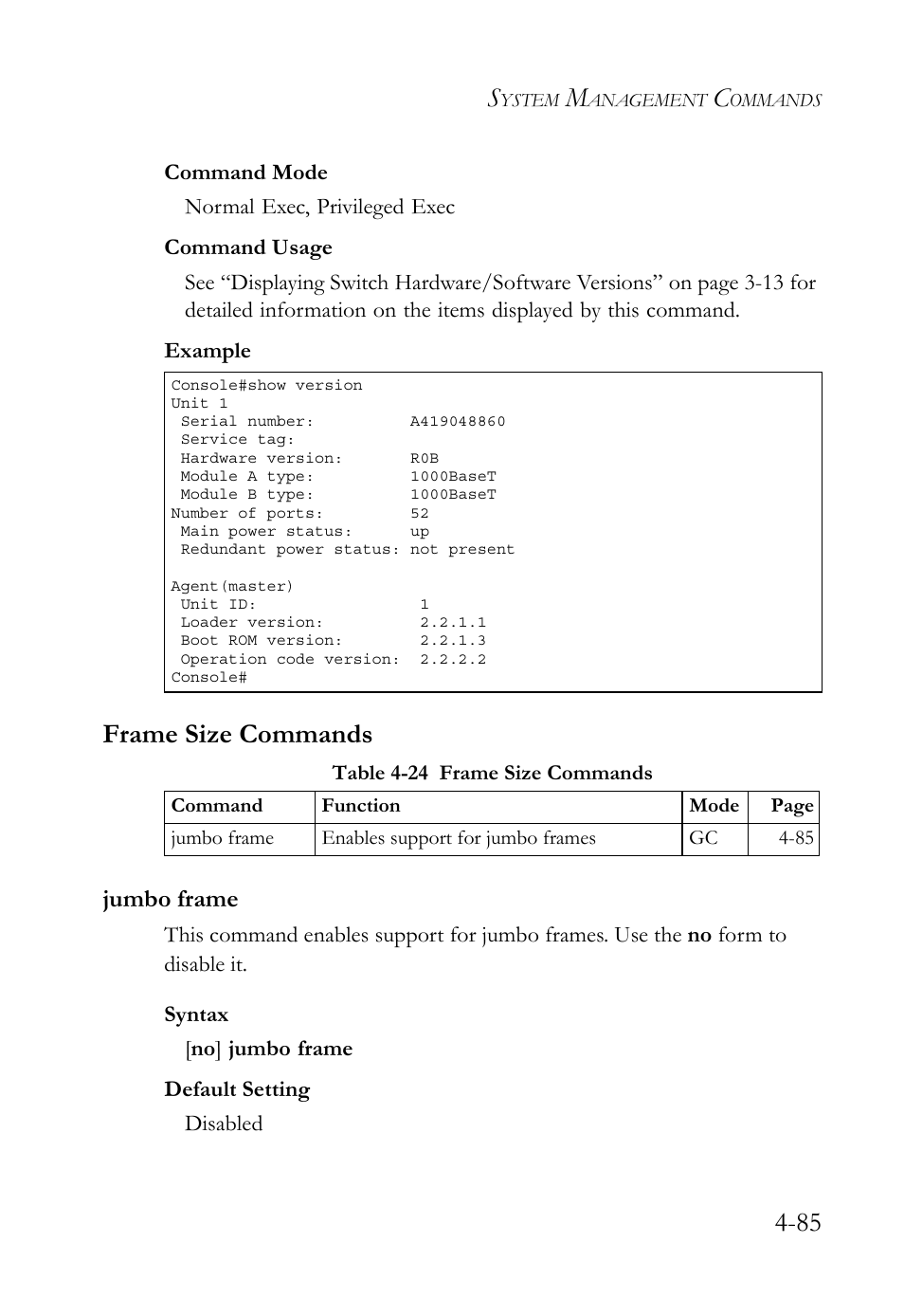 Frame size commands, Jumbo frame, Frame size commands -85 | Jumbo frame -85, Table 4-24 frame size commands -85 | SMC Networks TIGERSWITCH SMC6752AL2 User Manual | Page 325 / 516