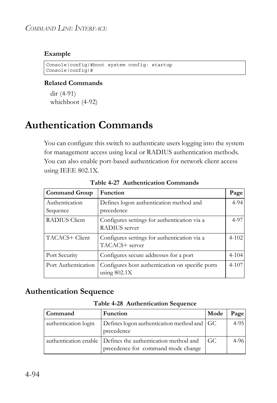 Authentication commands, Authentication sequence, Authentication commands -94 | Authentication sequence -94 | SMC Networks TIGERSWITCH SMC6752AL2 User Manual | Page 334 / 516