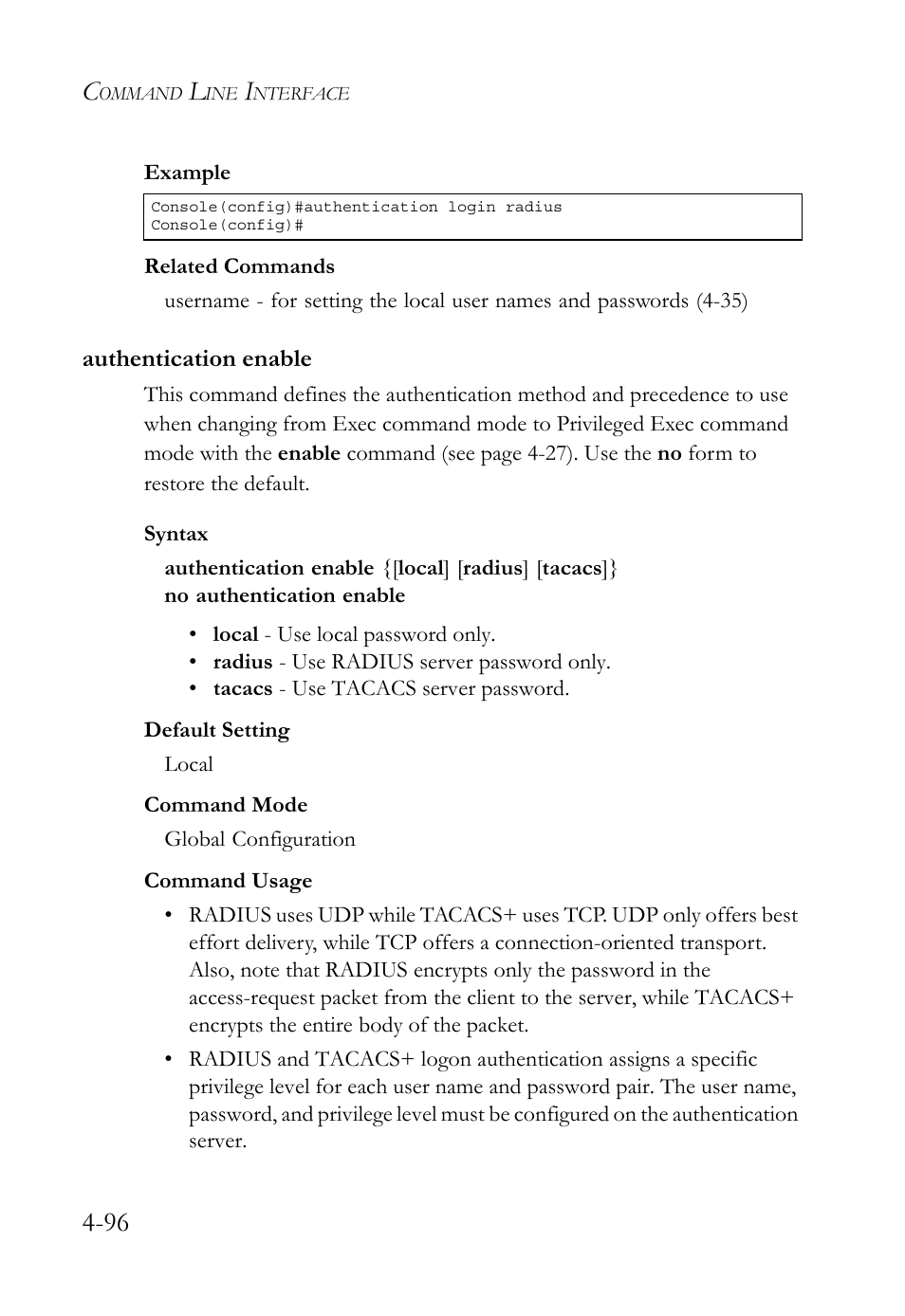 Authentication enable, Authentication enable -96, Authentication enable (4-96) | SMC Networks TIGERSWITCH SMC6752AL2 User Manual | Page 336 / 516