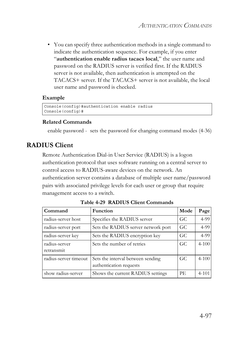 Radius client, Radius client -97, Table 4-29 radius client commands -97 | SMC Networks TIGERSWITCH SMC6752AL2 User Manual | Page 337 / 516