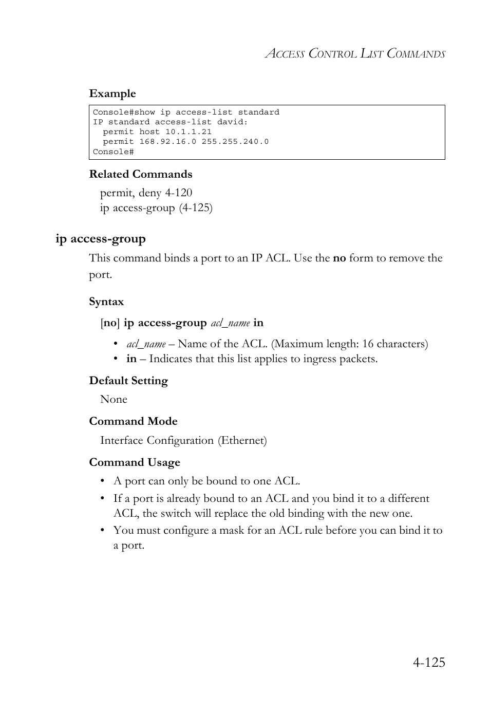 Ip access-group, Ip access-group -125 | SMC Networks TIGERSWITCH SMC6752AL2 User Manual | Page 365 / 516