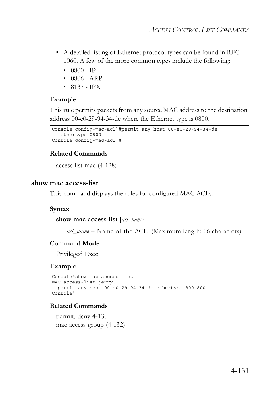 Show mac access-list, Show mac access-list -131 | SMC Networks TIGERSWITCH SMC6752AL2 User Manual | Page 371 / 516