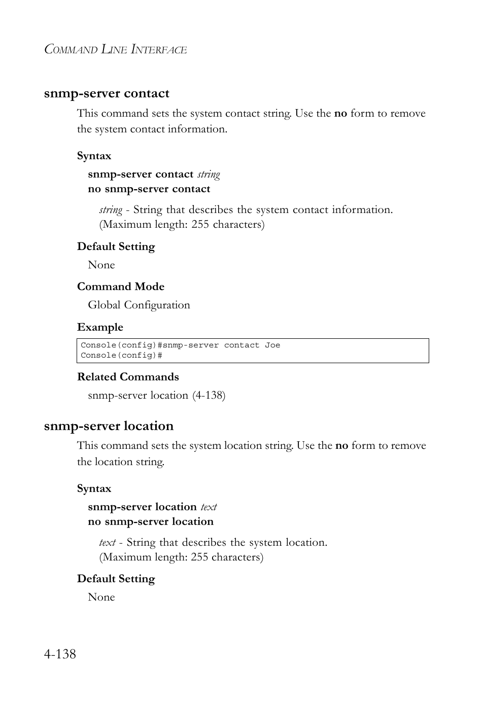 Snmp-server contact, Snmp-server location, Snmp-server contact -137 snmp-server location -138 | 138 snmp-server contact | SMC Networks TIGERSWITCH SMC6752AL2 User Manual | Page 378 / 516