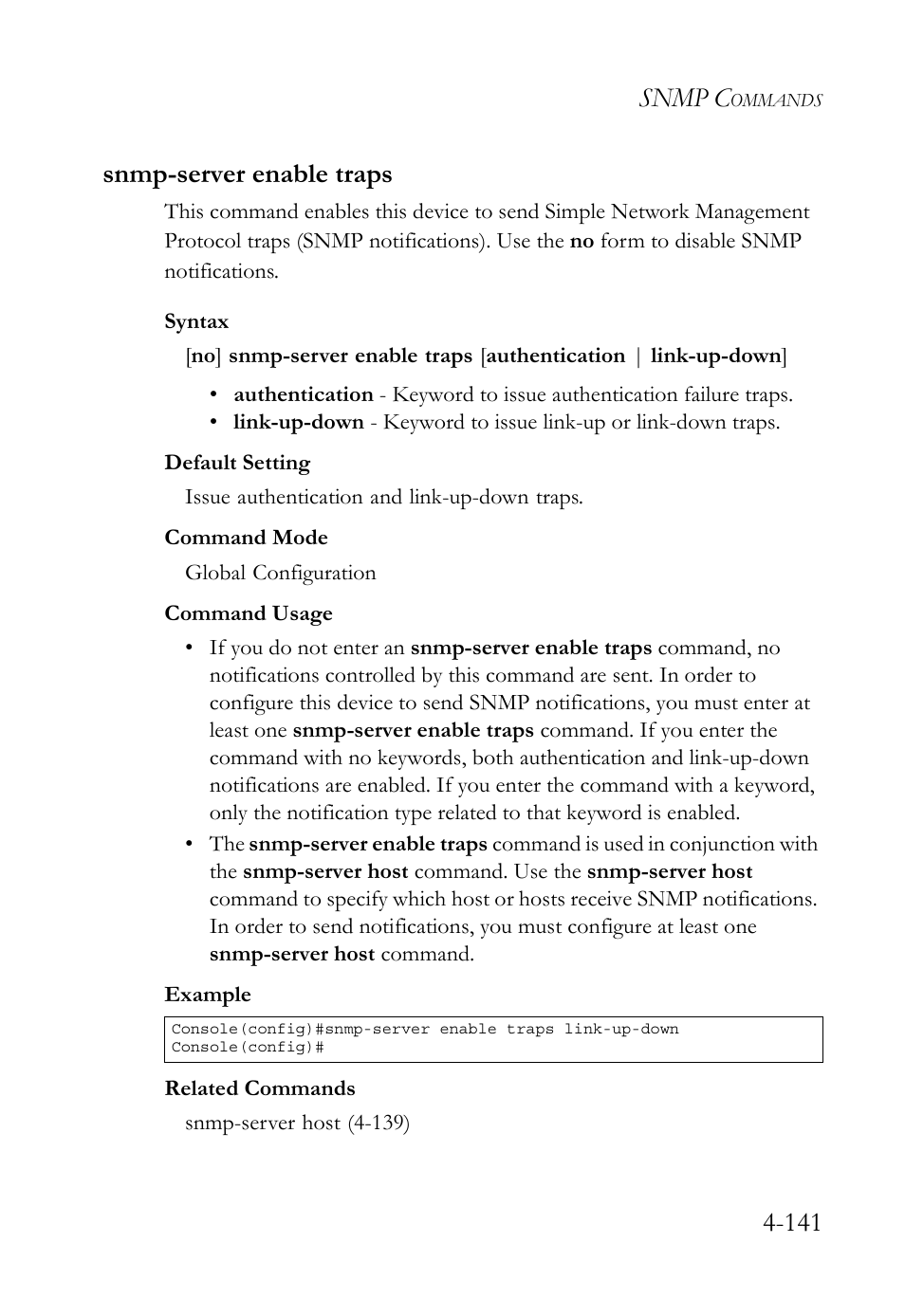 Snmp-server enable traps, Snmp-server enable traps -140, Snmp c | 141 snmp-server enable traps | SMC Networks TIGERSWITCH SMC6752AL2 User Manual | Page 381 / 516