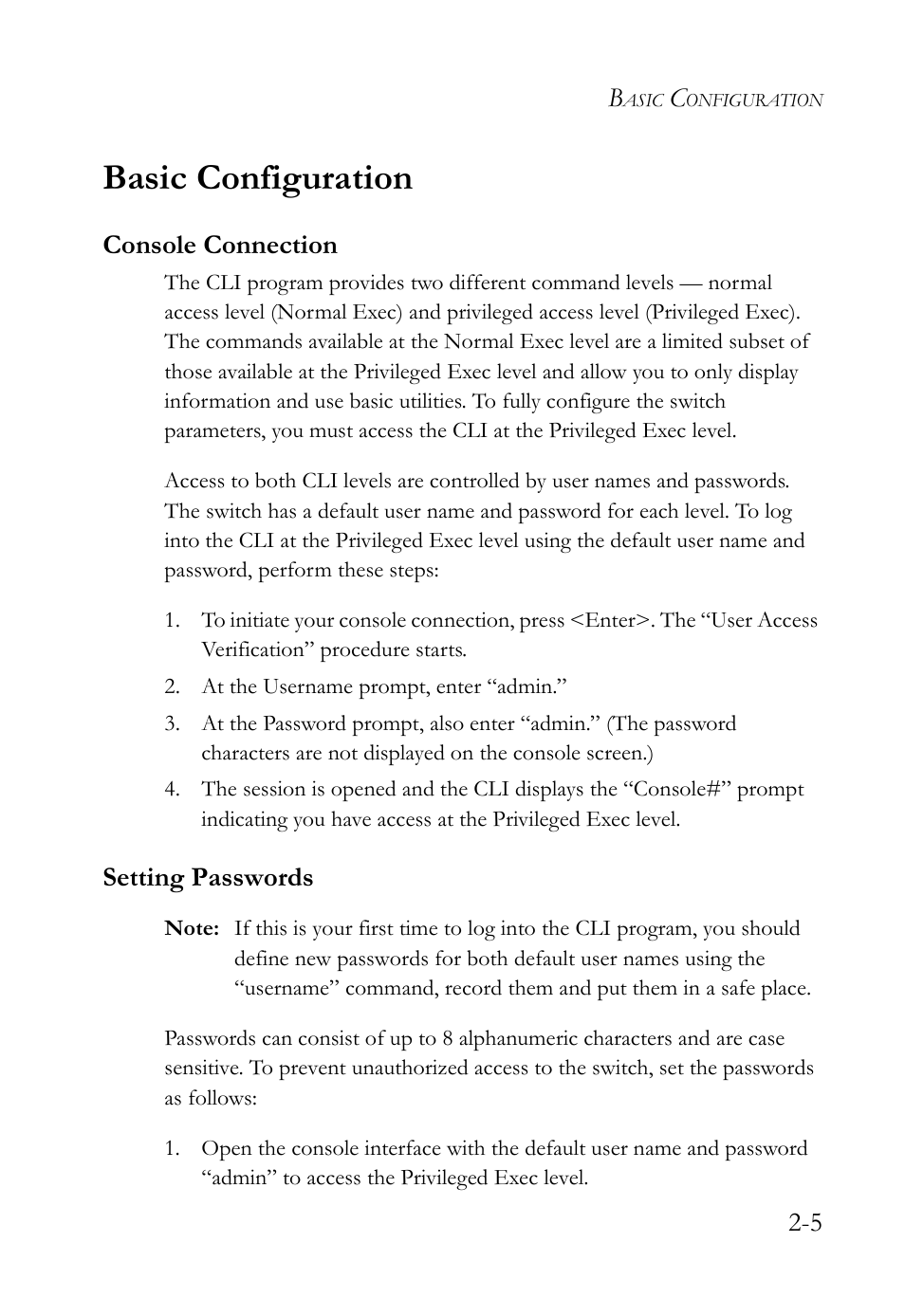 Basic configuration, Console connection, Setting passwords | Basic configuration -5, Console connection -5 setting passwords -5 | SMC Networks TIGERSWITCH SMC6752AL2 User Manual | Page 41 / 516