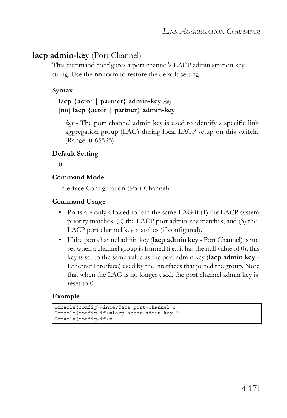 Lacp admin-key (port channel), Lacp admin-key (port channel) -170, 171 lacp admin-key (port channel) | SMC Networks TIGERSWITCH SMC6752AL2 User Manual | Page 411 / 516