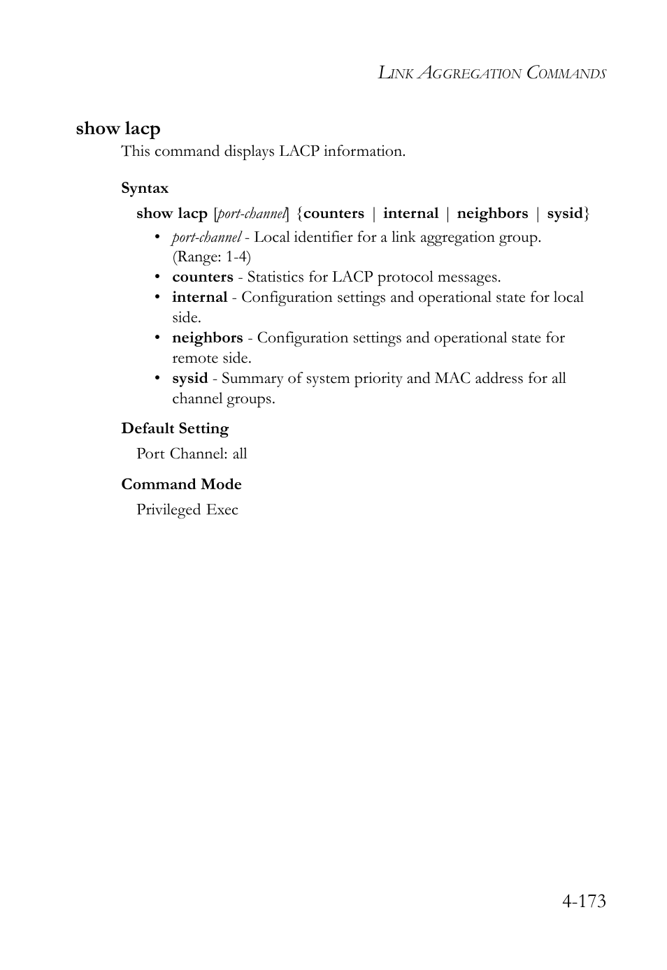 Show lacp, Show lacp -172, 173 show lacp | SMC Networks TIGERSWITCH SMC6752AL2 User Manual | Page 413 / 516