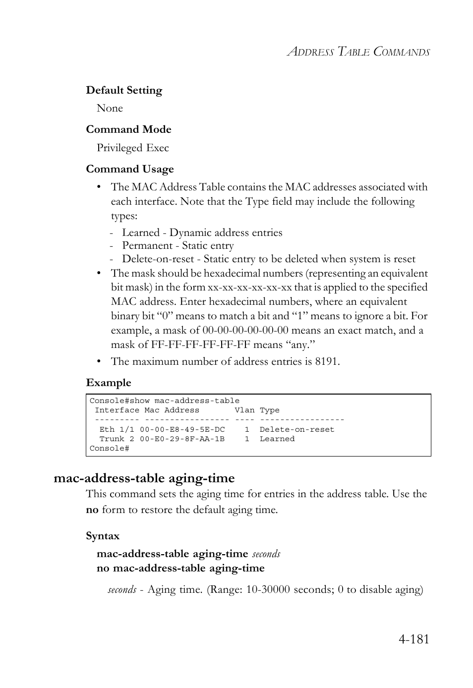 Mac-address-table aging-time, Mac-address-table aging-time -180 | SMC Networks TIGERSWITCH SMC6752AL2 User Manual | Page 421 / 516