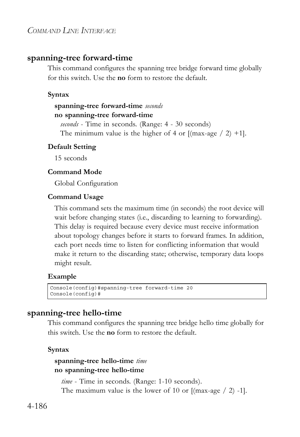 Spanning-tree forward-time, Spanning-tree hello-time, 186 spanning-tree forward-time | SMC Networks TIGERSWITCH SMC6752AL2 User Manual | Page 426 / 516