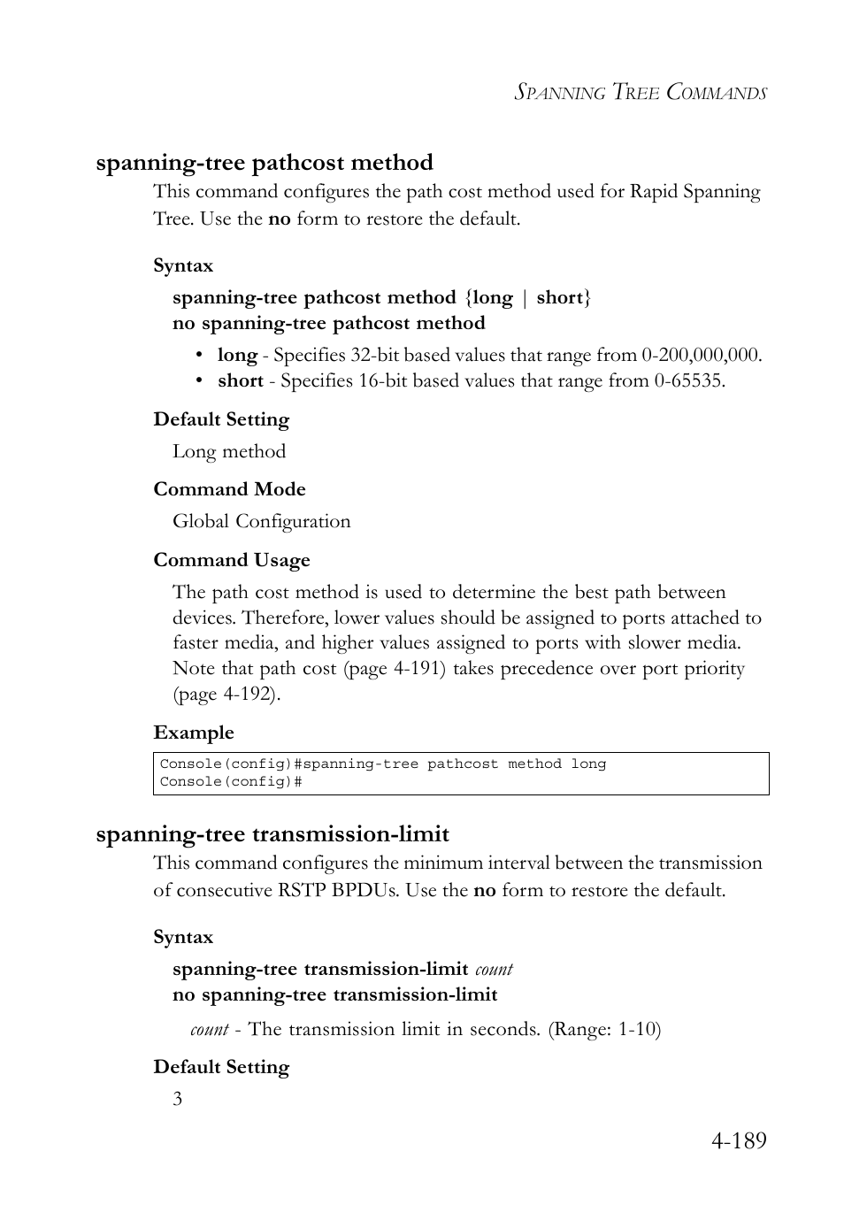 Spanning-tree pathcost method, Spanning-tree transmission-limit, 189 spanning-tree pathcost method | SMC Networks TIGERSWITCH SMC6752AL2 User Manual | Page 429 / 516