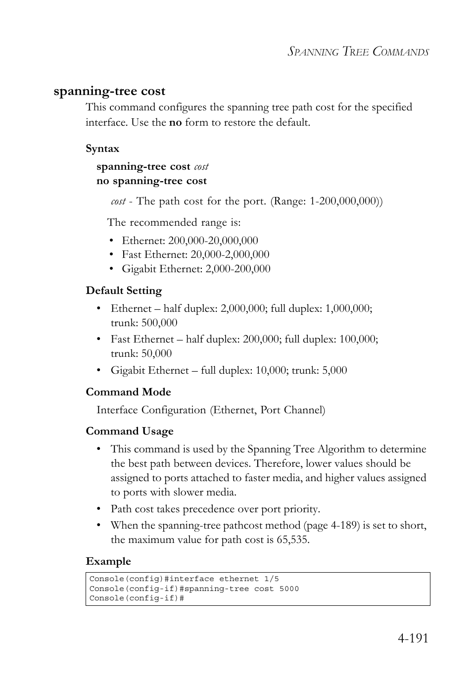 Spanning-tree cost, Spanning-tree cost -190, 191 spanning-tree cost | SMC Networks TIGERSWITCH SMC6752AL2 User Manual | Page 431 / 516