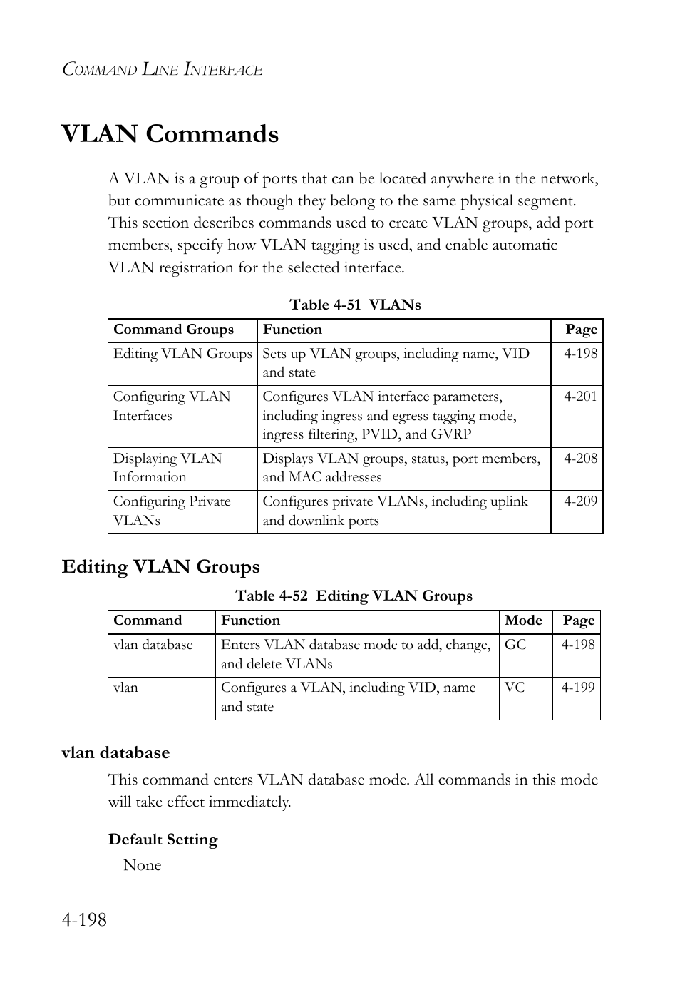 Vlan commands, Editing vlan groups, Vlan database | Vlan commands -197, Editing vlan groups -197, Vlan database -197 | SMC Networks TIGERSWITCH SMC6752AL2 User Manual | Page 438 / 516