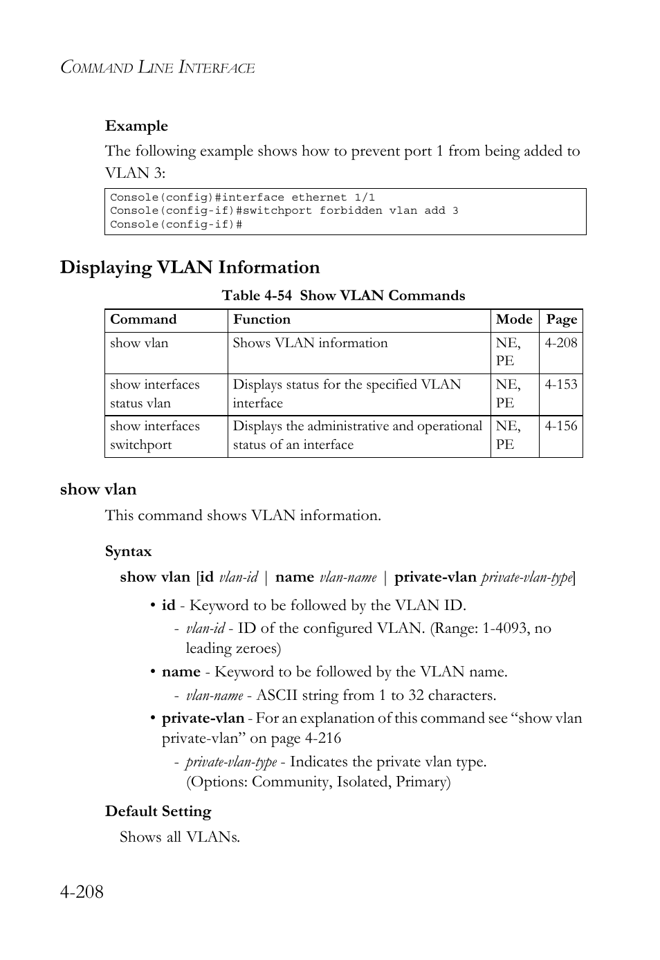 Displaying vlan information, Show vlan, Displaying vlan information -207 | Show vlan -207, Table 4-54 show vlan commands -208 | SMC Networks TIGERSWITCH SMC6752AL2 User Manual | Page 448 / 516