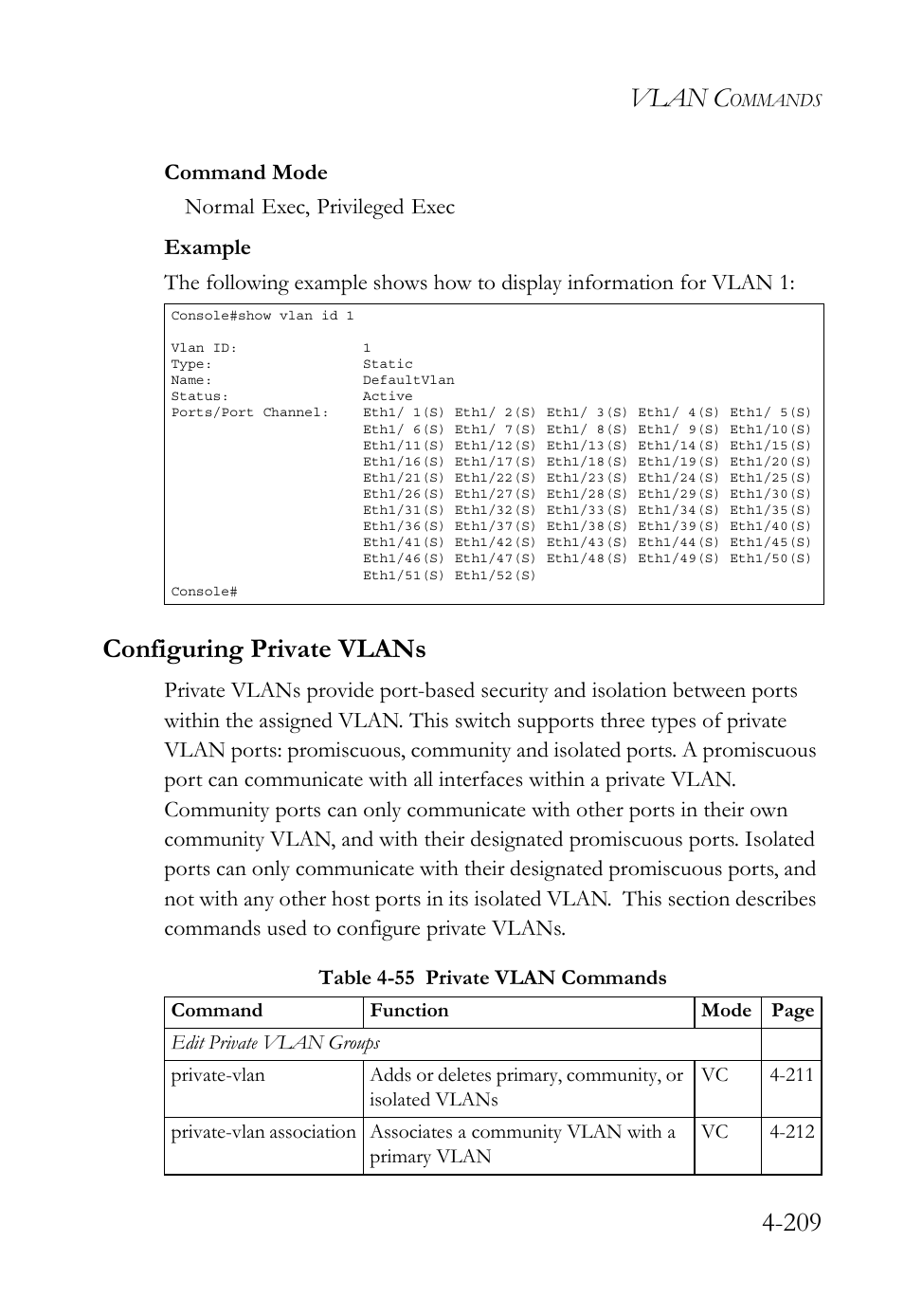 Configuring private vlans, Configuring private vlans -208, Table 4-55 private vlan commands -209 | Vlan c | SMC Networks TIGERSWITCH SMC6752AL2 User Manual | Page 449 / 516