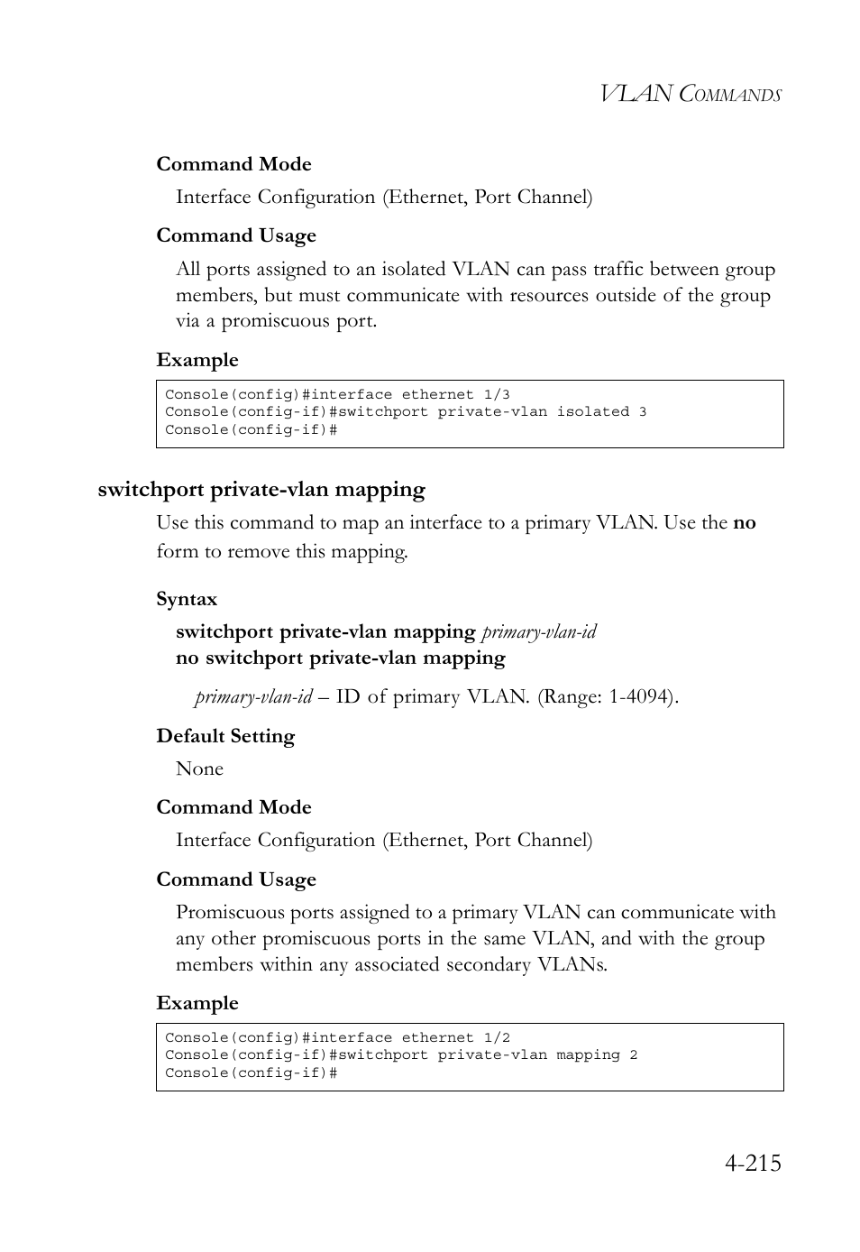 Switchport private-vlan mapping, Switchport private-vlan mapping -213, Vlan c | SMC Networks TIGERSWITCH SMC6752AL2 User Manual | Page 455 / 516