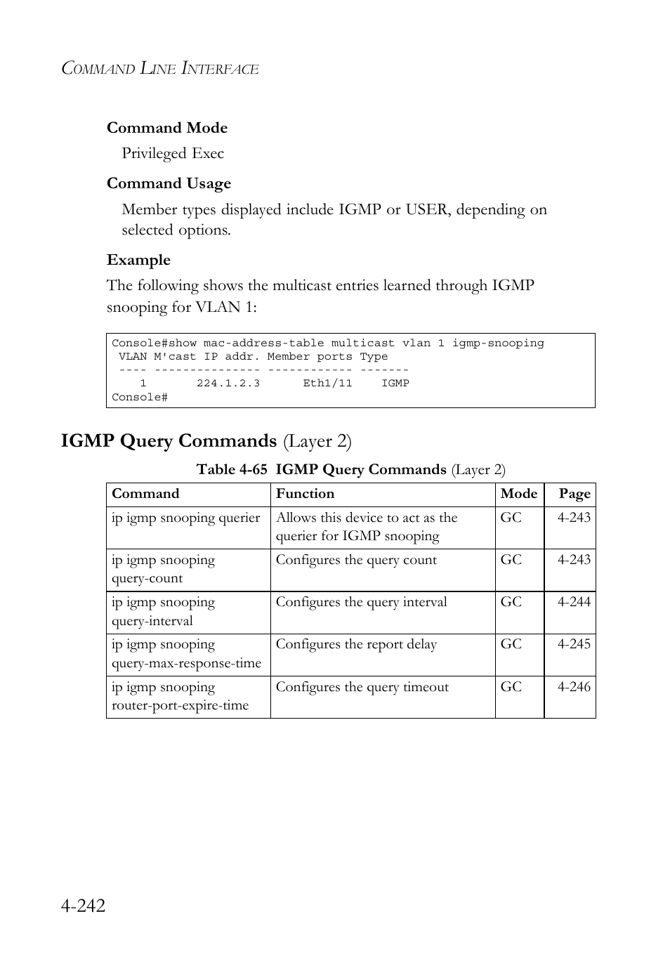 Igmp query commands (layer 2), Igmp query commands (layer 2) -240, Table 4-65 igmp query commands (layer 2) -241 | SMC Networks TIGERSWITCH SMC6752AL2 User Manual | Page 482 / 516