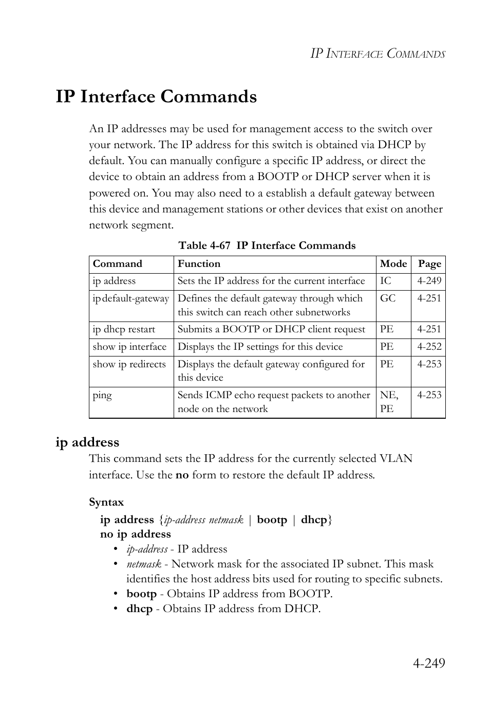 Ip interface commands, Ip address, Ip interface commands -247 | Ip address -247, Table 4-67 ip interface commands -248, Ip i | SMC Networks TIGERSWITCH SMC6752AL2 User Manual | Page 489 / 516