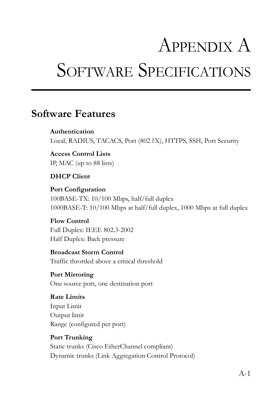 Appendix a software specifications, Software features, Ppendix | Oftware, Pecifications | SMC Networks TIGERSWITCH SMC6752AL2 User Manual | Page 495 / 516