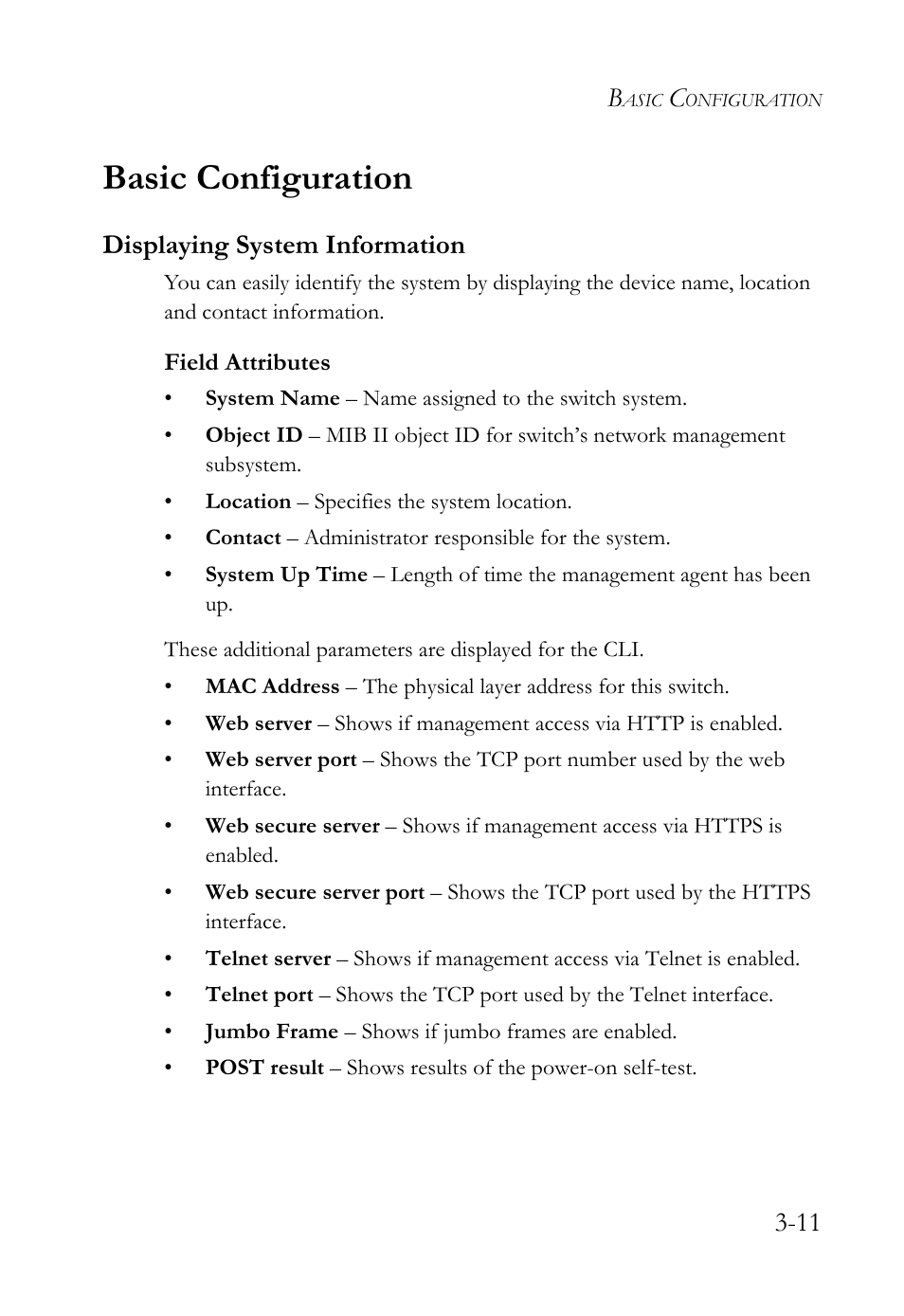 Basic configuration, Displaying system information, Basic configuration -11 | Displaying system information -11 | SMC Networks TIGERSWITCH SMC6752AL2 User Manual | Page 59 / 516