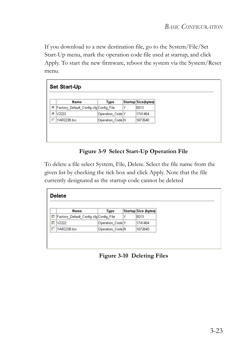 Figure 3-9, Select start-up operation file -23, Figure 3-10 deleting files -23 | SMC Networks TIGERSWITCH SMC6752AL2 User Manual | Page 71 / 516