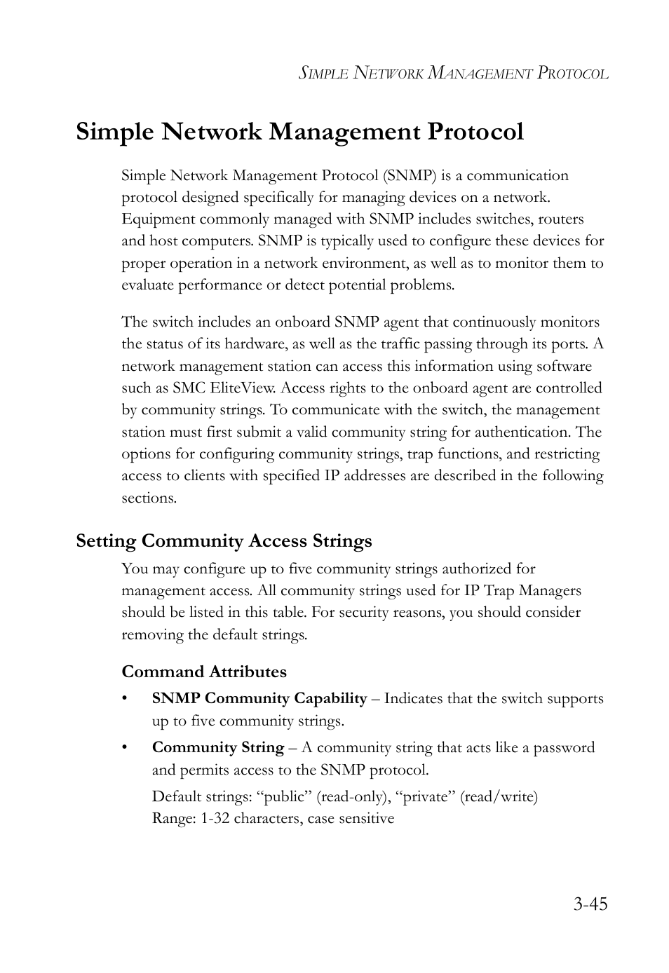 Simple network management protocol, Setting community access strings, Simple network management protocol -45 | Setting community access strings -45 | SMC Networks TIGERSWITCH SMC6752AL2 User Manual | Page 93 / 516