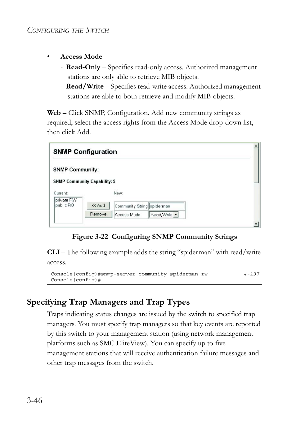 Specifying trap managers and trap types, Specifying trap managers and trap types -46, Figure 3-22 configuring snmp community strings -46 | SMC Networks TIGERSWITCH SMC6752AL2 User Manual | Page 94 / 516