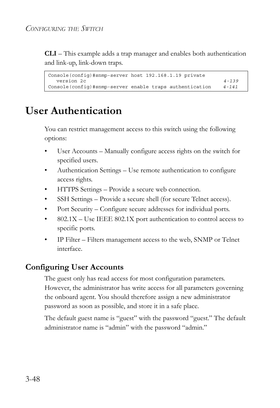 User authentication, Configuring user accounts, User authentication -48 | Configuring user accounts -48 | SMC Networks TIGERSWITCH SMC6752AL2 User Manual | Page 96 / 516