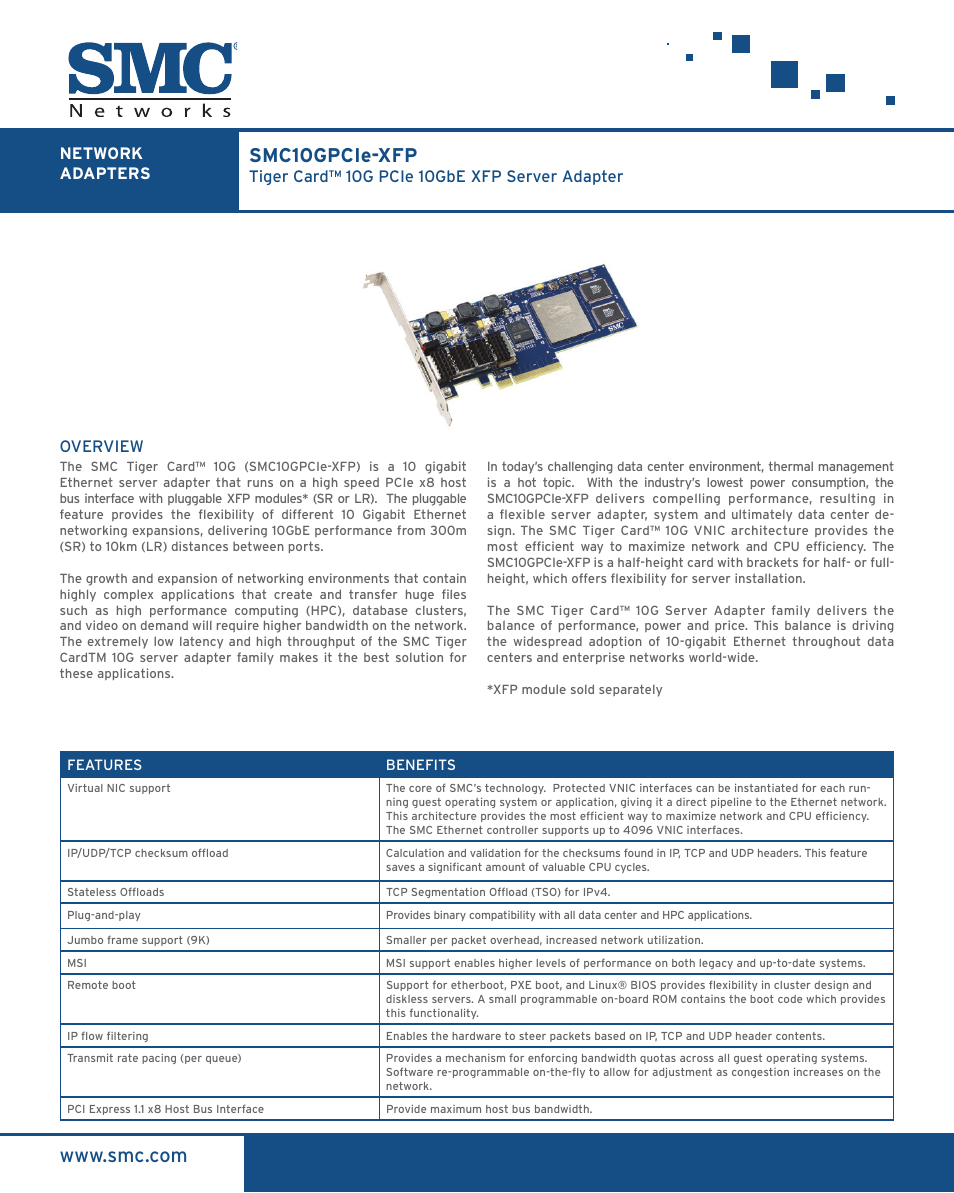 SMC Networks Tiger Card 10G PCIe 10GbE XFP Server Adapter SMC10GPCIe-XFP User Manual | 2 pages