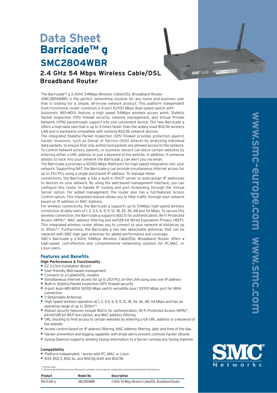 SMC Networks BARRICADE SMC2804WBR User Manual | 2 pages