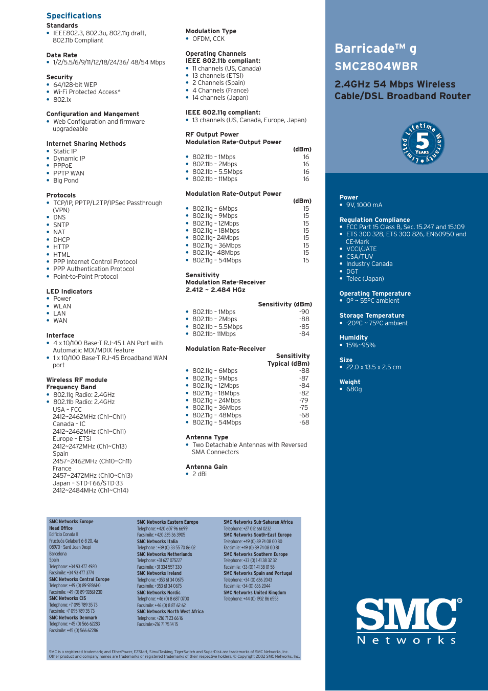 Barricade™ g, Smc2804wbr, 4ghz 54 mbps wireless cable/dsl broadband router | Specifications | SMC Networks BARRICADE SMC2804WBR User Manual | Page 2 / 2