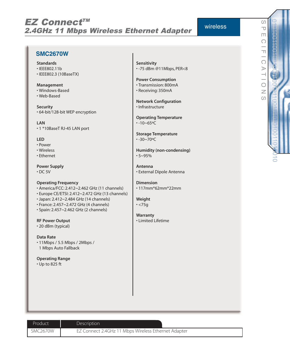 Ez connect, 4ghz 11 mbps wireless ethernet adapter | SMC Networks SMC EZ Connect SMC2670W User Manual | Page 2 / 2