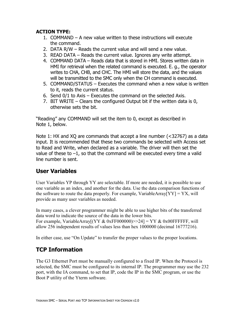 User variables, Tcp information | SMC Networks Yaskawa 4000 User Manual | Page 4 / 5