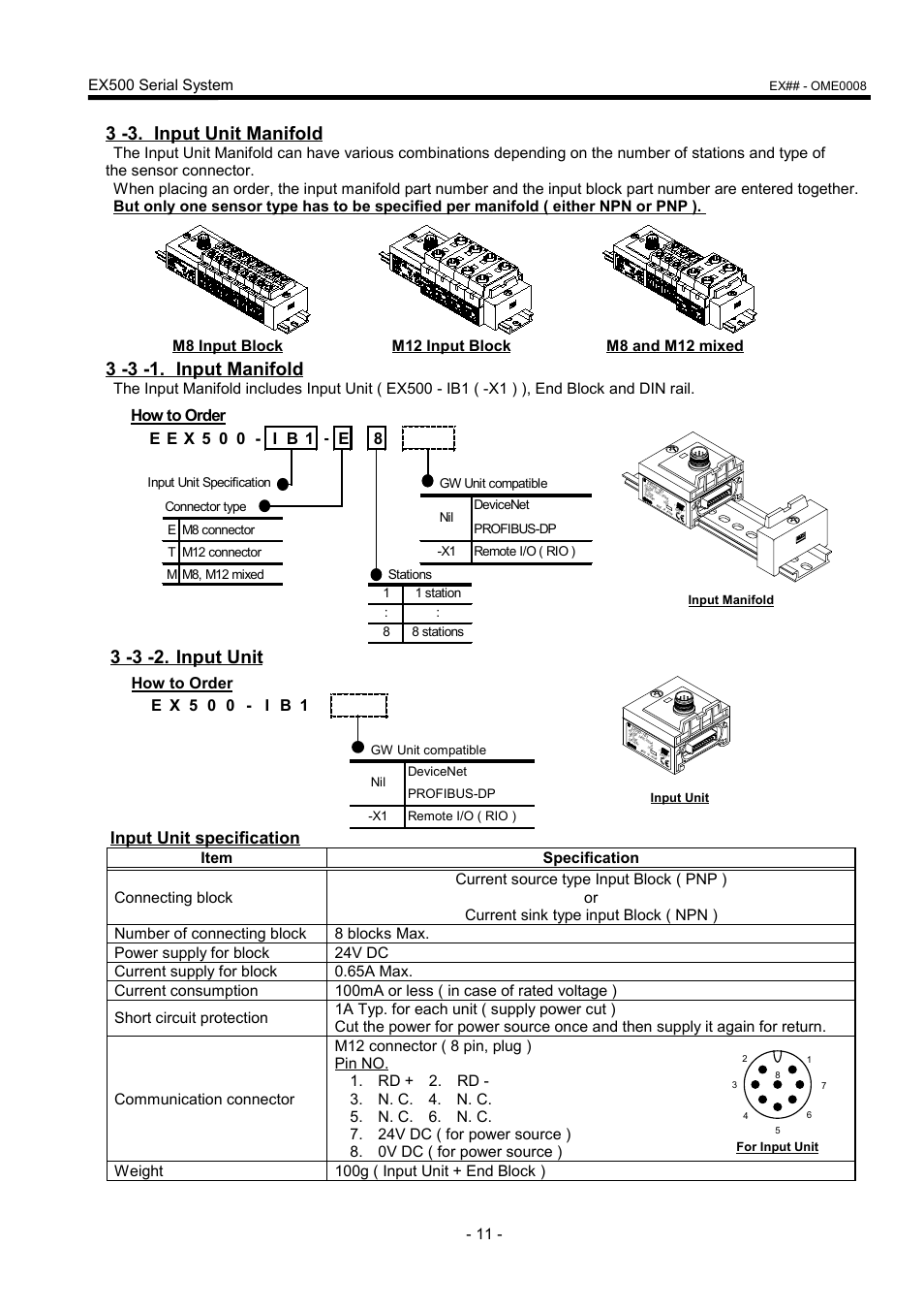 3 -3. input unit manifold, 3 -3 -1. input manifold, 3 -3 -2. input unit | Input unit specification, How to order e x 5 0 0 - i b 1, Ex500 serial system | SMC Networks EX500 User Manual | Page 12 / 40