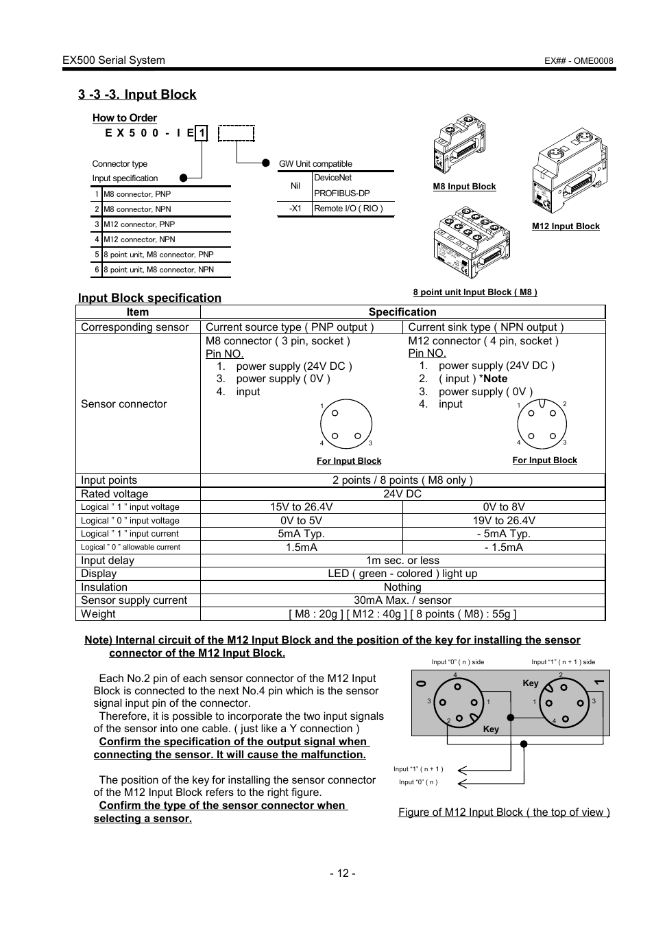 3 -3 -3. input block, Input block specification, Ex500 serial system | 5ma typ ma typ, Figure of m12 input block ( the top of view ) | SMC Networks EX500 User Manual | Page 13 / 40